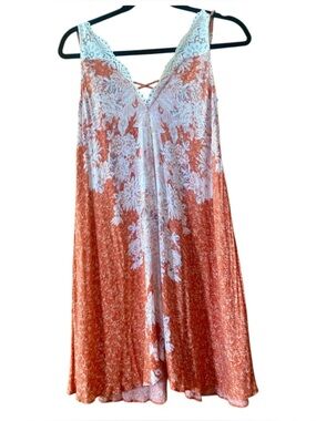 Free People Intimately Lace Trim Slip Dress Orange Floral Boho Mini S